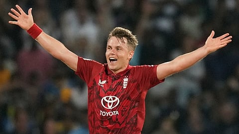 England's Sam Curran celebrates hat trick wicket during the first T20 cricket match between England and Sri Lanka in Pallekele, Sri Lanka