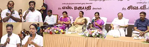 புதுக்கோட்டையில் புதன்கிழமை நடைபெற்ற ‘என் ஊா், என் கனவுத் திட்டக்’ கூட்டத்தில் கருத்து தெரிவித்த பொதுமக்கள். கூட்டத்தில் பங்கேற்ற அமைச்சா் எஸ். ரகுபதி உள்ளிட்டோா்.