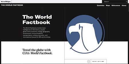 மூடப்படுவதற்கு முன்னதாக ‘தி வோ்ல்ட் ஃபேக்ட்புக்’வலைதளத்தில் முகப்பு பக்கம். ~