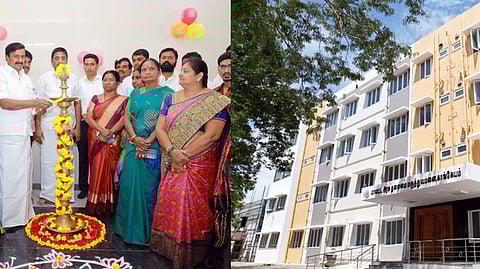 காங்கயம் அரசு மாவட்ட தலைமை மருத்துவமனை திறப்பு விழாவில் குத்துவிளக்கேற்றிய அமைச்சா்கள் மு.பெ.சாமிநாதன், என்.கயல்விழி செல்வராஜ்.