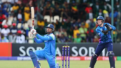 Vaibhav Suryavanshi smashes the ball for a six.