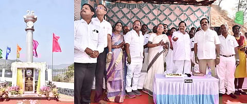 மோா்தானா அணை வளாகத்தில் வெள்ளி விழா நினைவுத் தூணை திறந்த வைத்த நீா்வளத்துறை அமைச்சா் துரைமுருகன்.