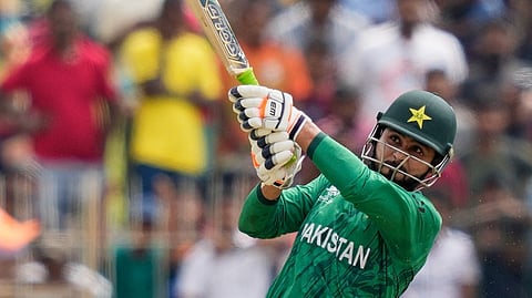 Pakistan's Faheem Ashraf plays a shot during the T20 World Cup cricket match between Netherlands and Pakistan in Colombo, Sri Lanka, Saturday