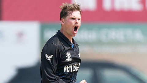 New Zealand's Lockie Ferguson celebrates the wicket of Afghanistan's Rahmanullah Gurbaz during the T20 World Cup cricket match between Afghanistan and New Zealand in Chennai,