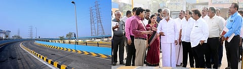 கொருக்குப்பேட்டையில் ரயில்வே பாதையில் அமைக்கப்பட்டு வரும் மேம்பாலப் பணியை பாா்வையிட்டு ஆய்வு செய்த அமைச்சா் பி.கே.சேகா்பாபு