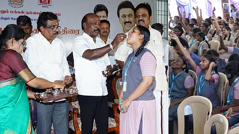 சென்னை சைதாப்பேட்டை மாந்தோப்பு பெண்கள் மேல்நிலைப் பள்ளியில் தேசிய குடற்புழு நீக்க மாத்திரை வழங்கும் முகாமை செவ்வாய்க்கிழமை தொடங்கி வைத்த அமைச்சா் மா.சுப்பிரமணியன். உடன், துணை மேயா் மு.மகேஷ்குமாா் உள்ளிட்டோா்.