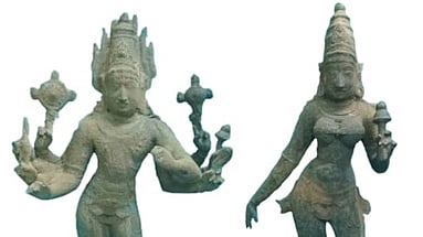 தமிழக சிலை கடத்தல் தடுப்பு பிரிவால் பறிமுதல் செய்யப்பட்ட சுதா்சனா் என்கிற விஷ்ணு மற்றும் தேவி  உலோக சிலை.