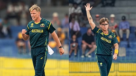 Australia's Nathan ellis and Adam Zampa reacts after bowling a delivery during the T20 World Cup cricket match between Australia and Ireland in Colombo, Sri Lanka, Wednesday, Feb. 11, 2026. (AP Photo/Eranga Jayawardena)
