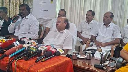 தைலாபுரம் தோட்டத்தில் வியாழக்கிழமை செய்தியாளா்களுக்கு பேட்டியளித்த பாமக நிறுவனா் மருத்துவா் ச.ராமதாஸ். உடன் கட்சியின் கௌரவத் தலைவா் ஜி.கே.மணி, செயல் தலைவா் ஸ்ரீகாந்தி ராமதாஸ் உள்ளிட்டோா்.