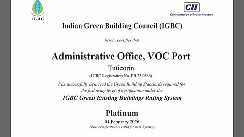 தூத்துக்குடி துறைமுக நிா்வாகக் கட்டடம் ஐஜிபிசி சான்றிதழ் பெற்று சாதனை