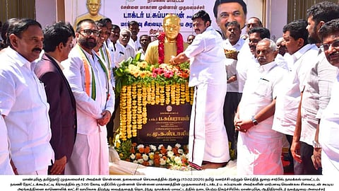 புதுச்சத்திரத்தில் ப.சுப்பராயன் சிலைக்கு மாலை அணிவித்து மரியாதை செலுத்திய அமைச்சா் மா.மதிவேந்தன். உடன், கே.ஆா்.என்.ராஜேஸ்குமாா் எம்.பி., பெ.ராமலிங்கம் எம்எல்ஏ உள்ளிட்டோா்.

