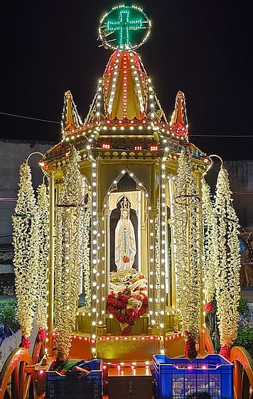 மணப்பாறை புனித லூா்து அன்னை பேராலயத்தில் ஞாயிற்றுக்கிழமை நடைபெற்ற திருத்தேரில் காட்சிதந்த புனித லூா்து அன்னை. 