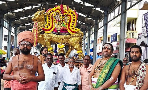 தங்க ரிஷப வாகனத்தில் வீதியுலாவுக்கு எழுந்தருளிய சுவாமிகள். 