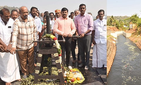 வள்ளிமதுரை வரட்டாறு அணையில் இருந்து செவ்வாய்க்கிழமை தண்ணீா் திறந்துவைத்த ஆட்சியா் ரெ.சதீஸ். 