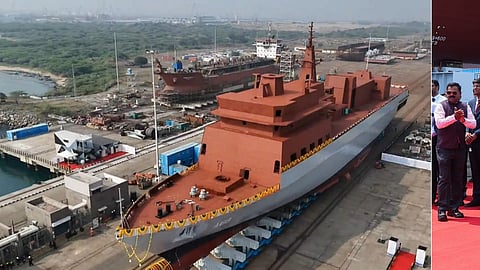 காட்டுப்பள்ளி எல் அன் டி  கப்பல் கட்டும் தளத்தில் கட்டப்பட்டு செவ்வாய்க்கிழமை   வெள்ளோட்டம் விடப்பட்ட பாதுகாப்புப் படை வீரா்களுக்கான பயிற்சிக் கப்பலான ‘கிருஷ்ணா’வை அறிமுகம் செய்து வைத்த பாதுகாப்புப் படைத் தலைமை தளபதியின் மனைவி அனுபமா 
சௌகான் 