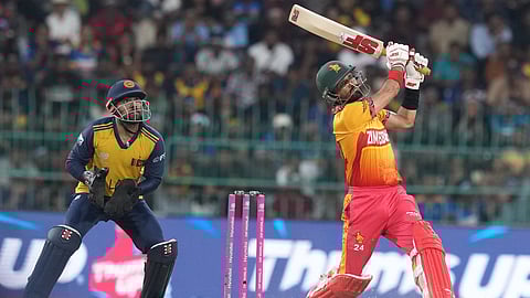 Zimbabwe captain Sikandar Raza hits the ball for a six