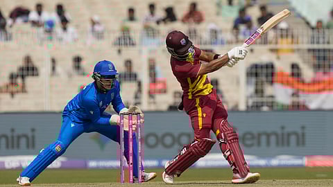 West Indies' captain Shai Hope plays a shot during the T20 World Cup cricket match between West Indies and Italy in Kolkata, India, Thursday, Feb. 19, 2026. (AP Photo/Bikas Das)