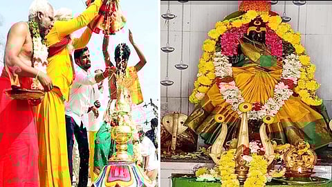 குடியாத்தம் பாண்டியன் நகா், வாராஹி அம்மன் கோயிலில் நடைபெற்ற  கும்பாபிஷேகம். (வலது) சிறப்பு அலங்காரத்தில் மூலவா் அம்மன்.