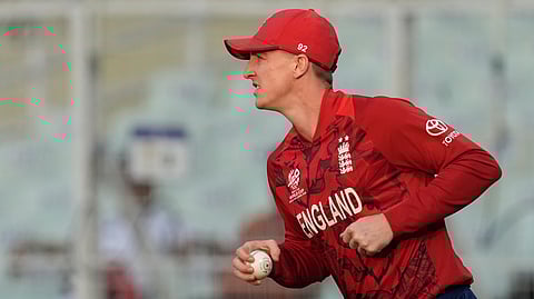 England's captain Harry Brook takes the catch to get dismiss Italy's Anthony Mosca during the T20 World Cup cricket match between England and Italy in Kolkata, India, Monday, Feb. 16, 2026. (AP Photo/Bikas Das)