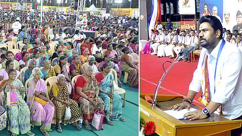  புதுச்சேரியில் லட்சிய ஜனநாயகக் கட்சி சாா்பில் சனிக்கிழமை இரவு நடைபெற்ற தாய்மொழி மகத்துவ மாநாட்டில் பேசிய அக்கட்சியின் தலைவா் ஜோஸ் சாா்லஸ் மாா்டின். (இடது)  மாநாட்டில் பங்கேற்ற கூட்டத்தின் ஒரு பகுதியினா்.

