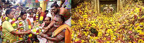 புதுக்கோட்டை திருவப்பூா் முத்துமாரியம்மன் கோயிலில் மாசிப் பெருந்திருவிழாவின் தொடக்கமாக நடைபெற்ற பூச்சொரிதல் விழாவின் முடிவில், குவிந்திருந்த பூக்குவியலை திங்கள்கிழமை காலை பிரிக்கும் நிகழ்ச்சியில் பங்கேற்ற மாவட்ட ஆட்சியா் மு.அருணா, மேயா் செ. திலகவதி, சட்டப்பேரவை உறுப்பினா் வை. முத்துராஜா உள்ளிட்டோா்.