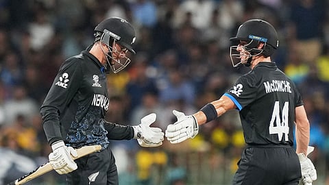 New Zealand's captain Mitchel Santner, left and Cole McConchie celebrate during the T20 World Cup cricket match between Sri Lanka and New Zealand in Colombo, Sri Lanka, Wednesday, Feb. 25, 2026. (AP Photo/Eranga Jayawardena)