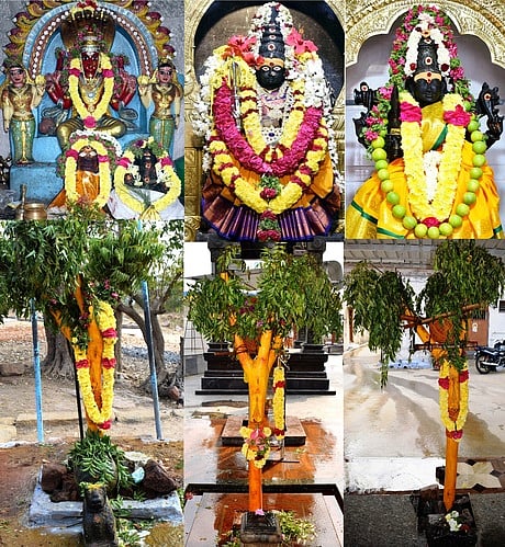 கம்பம் நடுதல் வைபவத்தையொட்டி சிறப்பு அலங்காரத்தில் பக்தா்களுக்கு அருள்பாலித்த அருள்மிகு கோட்டை மாரியம்மன், வி.என்.பாளையம் சக்தி மாரியம்மன், வாணியா் காலனி அல்லிகுண்டம் மாரியம்மன்.  