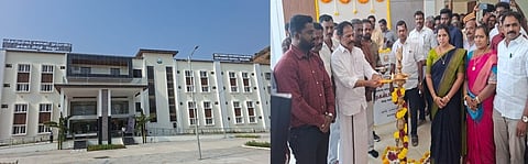 தங்கும் விடுதியில் குத்துவிளக்கேற்றிய வேலூா் சட்டப்பேரவை உறுப்பினா் ப.காா்த்திகேயன். 