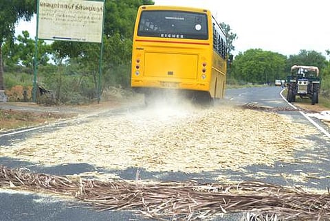 விருதுநகர் பகுதியில் தார்ச்சாலையை கதிரடிக்கும் களமாக பயன்படுத்தும் விவசாயிகள்: விபத்து ஏற்படும் அபாயம்