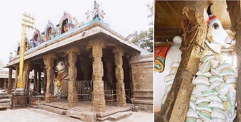 திருவலம் சிவன் கோயிலில் கல் தூண் சரிந்து விழுந்தது