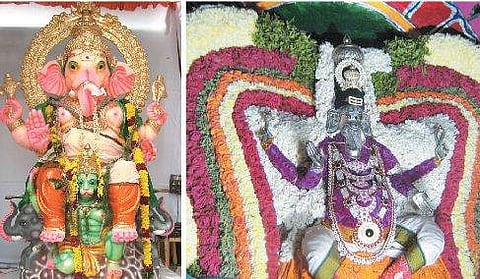 செங்கல்பட்டு மேட்டுத்தெரு மலைப்பூங்கா மார்க்கெட் அருகில் வைக்கப்பட்டுள்ள விநாயகர் சிலை. (வலது) வீதி உலா வந்த உற்சவர் லட்சுமி விநாயகர்.