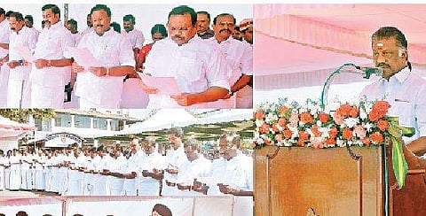 தலைமைச் செயலகத்தில் திங்கள்கிழமை தீண்டாமை ஒழிப்பு உறுதிமொழியை முதல்வர் ஓ.பன்னீர்செல்வம் தலைமையில் ஏற்கும் அமைச்சர்கள், பேரவை உறுப்பினர்கள், தலைமைச் செயலக ஊழியர்கள்.