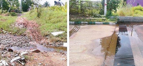 தத்தனூர் கிராமத்தில் ஆக்கிரமிப்பால் குறுகிய 14 அடி நீர்வரத்துக் கால்வாய். (வலது) நீர்வரத்துக் கால்வாயை ஆக்கிரமித்து அமைக்கப்பட்டுள்ள தனியார் நிறுவனத்தின் சாலை.