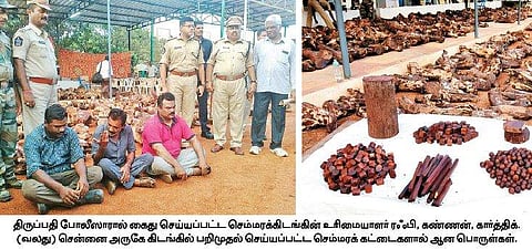 திருப்பதி போலீஸாரால் கைது செய்யப்பட்ட செம்மரக்கிடங்கின் உரிமையாளர் ரஃபி, கண்ணன், கார்த்திக். (வலது) சென்னை அருகே கிடங்கில் பறிமுதல் செய்யப்பட்ட செம்மரக் கட்டைகளால் ஆன பொருள்கள்.