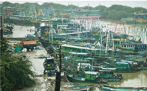 கடல் சீற்றம் காரணமாக, மீன்பிடிப்புக்குச் செல்லாமல் நாகை அக்கரைப்பேட்டை மீன்பிடித் துறைமுக படகுத் துறையில் நிறுத்தப்பட்டுள்ள மீன்பிடி படகுகளின் ஒரு பகுதி.