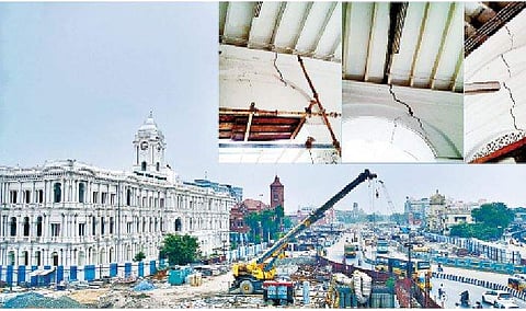 ரிப்பன் மாளிகை அருகே நடைபெறும் மெட்ரோ ரயில் சுரங்கப் பாதை பணிகள். (உள்படம்) இப்பணியால் ரிப்பன் மாளிகையில் ஏற்பட்டுள்ள விரிசல்கள்.