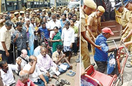 மாற்றுத்திறனாளிகள் உபகரணங்கள் மீது 18 சதவீதம் வரை ஜிஎஸ்டி வரி விதிக்கப்பட்டுள்ளதை எதிர்த்து வியாழக்கிழமை சென்னையில் உள்ள தலைமை அஞ்சலகம் முன்பு போராட்டத்தில் ஈடுபட்ட மாற்றுத்திறனாளிகள்.