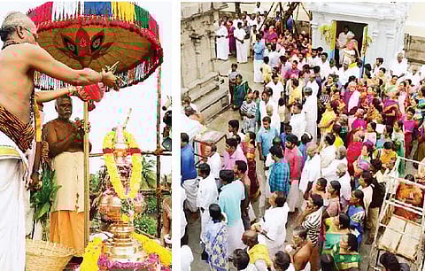 அகத்தீஸ்வரர் கோயிலில் நடைபெற்ற கும்பாபிஷேகம். (வலது) விழாவில் கலந்து கொண்ட பக்தர்கள் கூட்டத்தின் ஒரு பகுதியினர்.