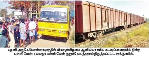பழனி அருகே ரயில்வே கடவுப் பாதையில் நின்ற வேன்: ரயிலை நிறுத்தியதால் குழந்தைகள் உயிர் தப்பினர்