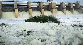 கெலவரப்பள்ளி அணையில் நுரையுடன் வெளியேறும் மழை வெள்ளம்.