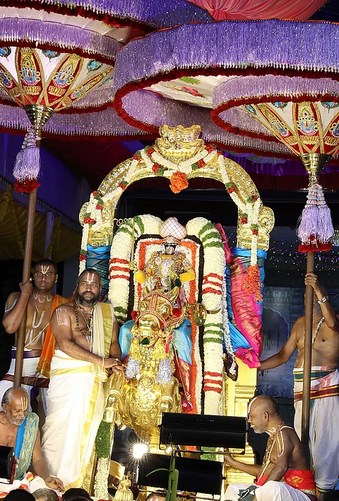 திருப்பதி ஏழுமலையான் கோயில் வருடாந்திர பிரம்மோற்சவத்தின் எட்டாவது நாளன்று,  இரவு உற்சவர் மலையப்ப சுவாமி தங்க குதிரை வாகனத்தில் எழுந்தருளி பக்தர்களுக்கு அருள்பாலித்தார்.
