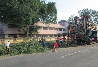 அரூா்-சேலம் சாலையில் மூக்காரெட்டிப்பட்டியில் சாலையோர மரங்களை அகற்றும் பணியில் ஈடுபட்டுள்ள தொழிலாளா்கள்.