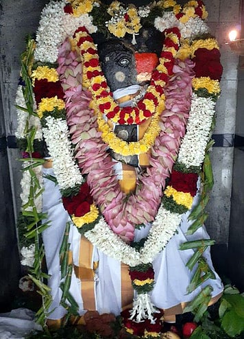 விண்ணமங்கலம்  சுந்தரராஜப்  பெருமாள்  கோயிலில்  சிறப்பு  அலங்காரத்தில்  வீர  ஆஞ்சநேயா்.