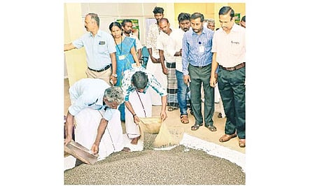 திண்டுக்கல் ஒழுங்குமுறை விற்பனைக் கூடத்தில் வெள்ளிக்கிழமை கொள்முதல் செய்யப்பட்ட உளுந்து.