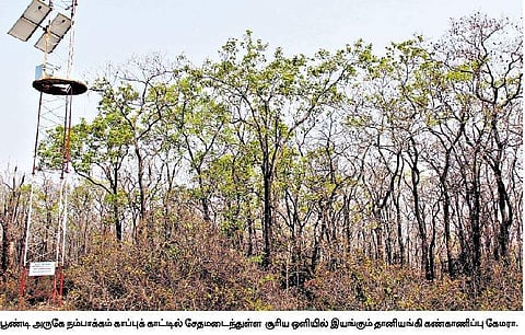 பூண்டி அருகே நம்பாக்கம் காப்புக் காட்டில் சேதமடைந்துள்ள  சூரிய ஒளியில் இயங்கும் தானியங்கி கண்காணிப்பு கேமரா.