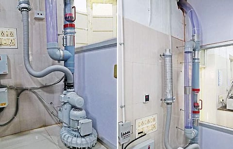 ரத்தம், சிறுநீர் மாதிரிகளை ஆய்வகத்துக்கு அனுப்புவதற்காக உருவாக்கப்பட்டுள்ள தானியங்கி கட்டமைப்பு.