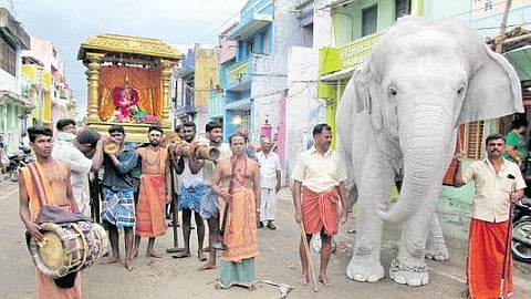 திருச்செந்தூர் கோயிலிலிருந்து வெள்ளை யானை முன் செல்ல தங்கச் சப்பரத்தில் வீதி உலா வந்த சுந்தரமூர்த்தி நாயனார்.