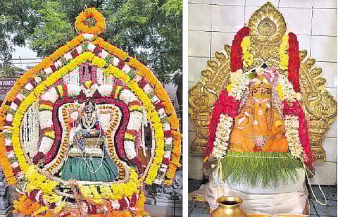 சிறப்பு அலங்காரத்தில் வீதி உலா சென்ற விநாயகர்.(வலது) சந்தனக் காப்பு அலங்காரத்தில் விநாயகர்.