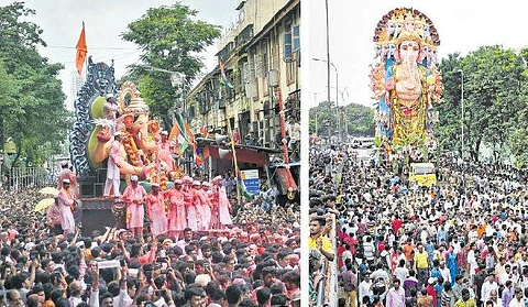 (1) மும்பையில் அரபிக் கடலில் விசர்ஜனம் செய்வதற்காக ஊர்வலமாக எடுத்துச் செல்லப்பட்ட விநாயகர் சிலை. (2) தெலங்கானா தலைநகர் ஹைதராபாதில் விசர்ஜனம் செய்வதற்காக ஊர்வலமாக எடுத்துச் செல்லப்பட்ட 61 அடி உயர சிலை.