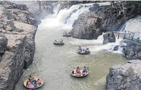  காவிரி ஆற்றில்  பரிசல் சவாரி செய்த சுற்றுலாப் பயணிகள்.  